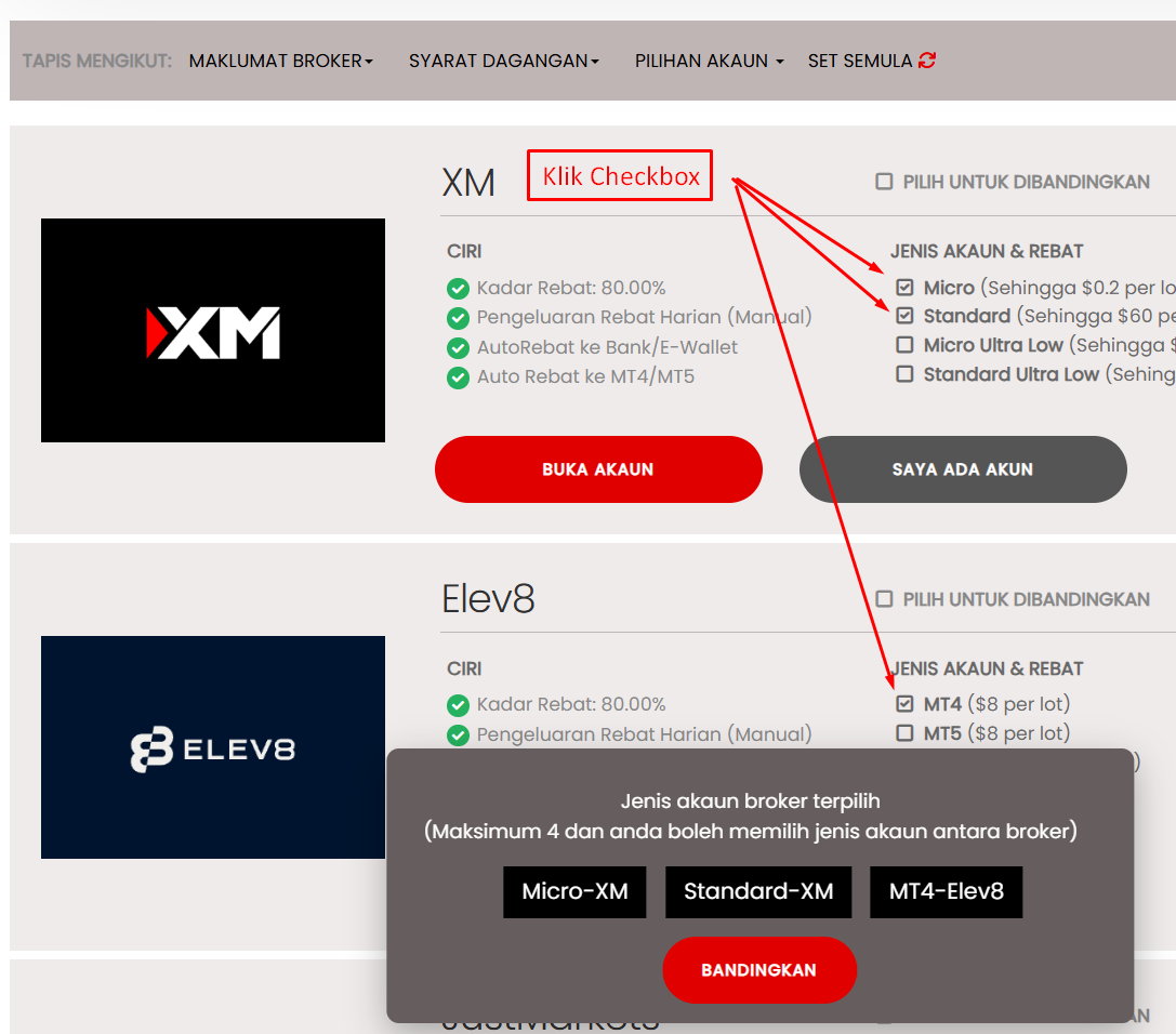 cara bandingkan jenis akaun broker