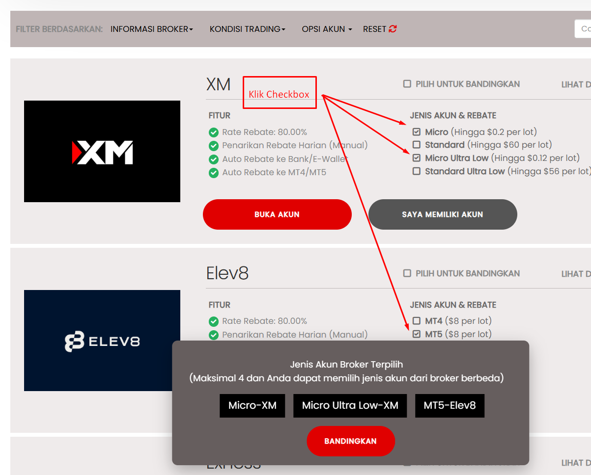 cara membandingkan jensi akun broker